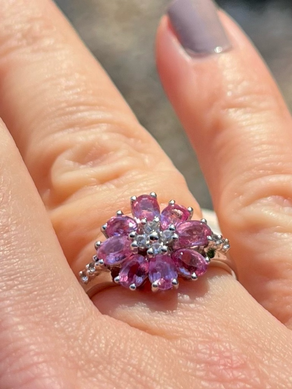 Pink & White Sapphire Floral Sterling Silver Ring Size 7